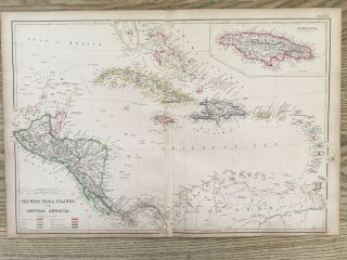 1859 West Indies Central America Hand Coloured Antique Map By W.  G.  Blackie