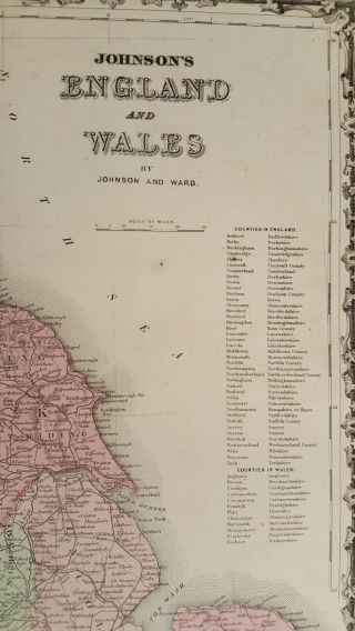 Antique Colored MAP OF ENGLAND AND WALES - Johnson ' s Family Atlas 1863 2