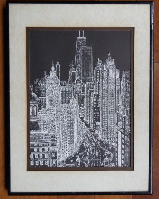 Chicago Cityscape Magnificent Mile Diana Weber Etching Print,  Numbered 4/500