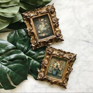 Set Of 2 Vintage Italian Floral Botanical Gold Gild Wood Frame Prints Florentia