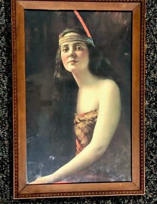 Vintage Antique 1020’s ?framed Lady Print Headband With Feather 15x10