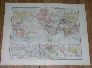 1896 Antique Map Of The World Ship Routes Colonies America Asia Europe Africa