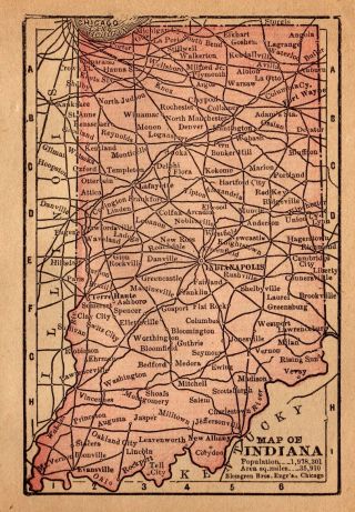 1888 Antique Indiana Map Rare Miniature Vintage Indiana State Map 3456