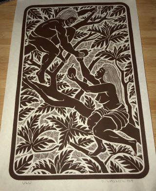 Signed 1990 Dietrich Varez “hulu Ula” 12 " X9 " Dancing Hula Woodblock Print Hawaii