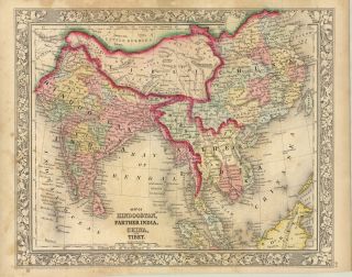1864 S.  A.  Mitchell " Map Of Hindoostan,  Further India,  Chine & Tibet "