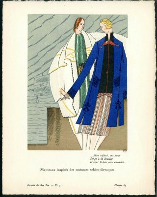 1920 Gazette Du Bon Ton Pochoir Fashion Print Benito Manteaux Tcheco - Slovaques