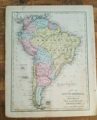 Antique Colored Map Of South America - 1872 Mitchell 