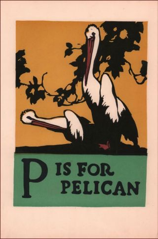 P Is For Pelican,  Vintage Wood Block Print By C B Falls,  Authentic 1925