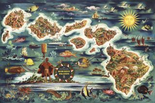 Historical Pictorial Dole Map Hawaiian Islands Vintage Wall Art Poster Print