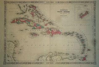 Vintage 1865 West Indies - Caribbean Map Old Antique Atlas Map 41418