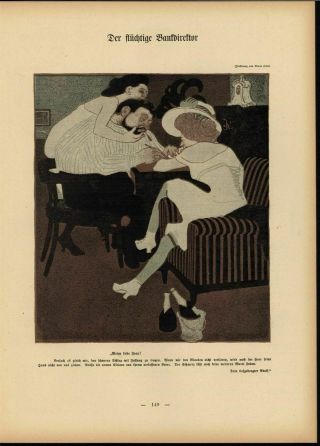 Beauty Seducing Obese Smoker 1901 Antique Art Nouveau Color Lithograph Print