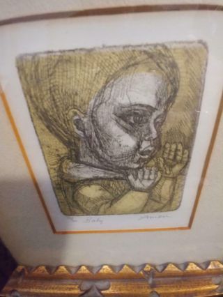 Framed Irving Amen Wood Cut Print Baby 33/200 Pencil Signed And Numbered