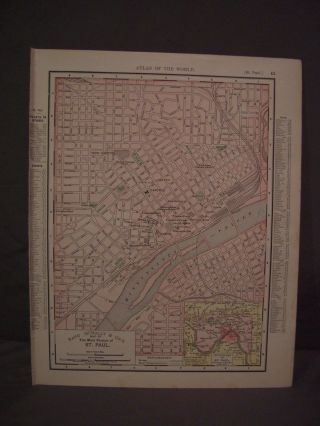 Antique 1898 Color Map Of Minneapolis Or St.  Paul From Rand Mcnally Atlas