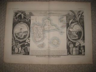 Antique 1856 Guadeloupe Marie Galante Island Caribbean Levasseur Map W Art Vigne