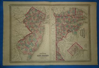 Vintage 1872 Jersey Maryland Map Old Antique Johnson 