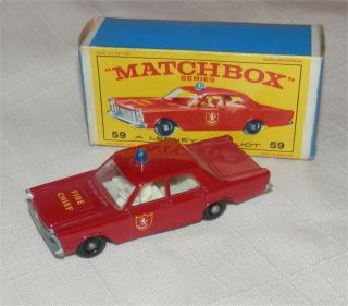 1960s.  Matchbox.  Lesney,  59 Red Ford Galaxie Fire Chief Car.