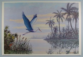 LARGE Vintage GREAT BLUE HERON Art Print FLORIDA SCENE Everglades HAROLD HANCOCK 2