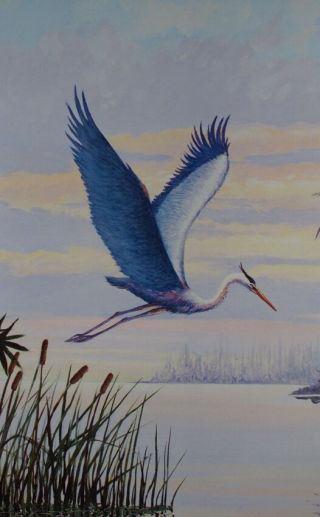 LARGE Vintage GREAT BLUE HERON Art Print FLORIDA SCENE Everglades HAROLD HANCOCK 4