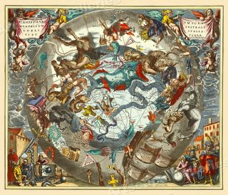 Celestial Chart Of The Zodiac 1661 Vintage Style Decorative Map - 20x24
