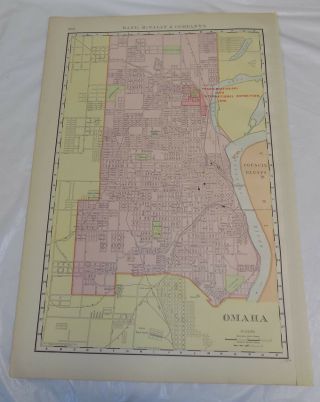 1898 Antique Color Rand Mcnally Map Of Omaha,  B/w St.  Paul & Minneapolis