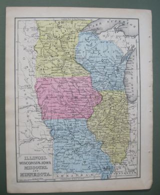 1873 Antique Mitchell Map:illinois,  Wisconsin,  Iowa,  Missouri & Minnesota