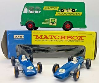 King Size Matchbox K - 5 Racing Car Transporter And 2 Race Cars W/ Box