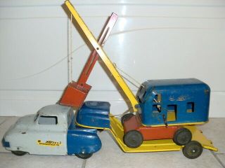 Wyandotte Pressed Steel Red/blue/grey/yellow Lowboy Truck W/steam Shovel