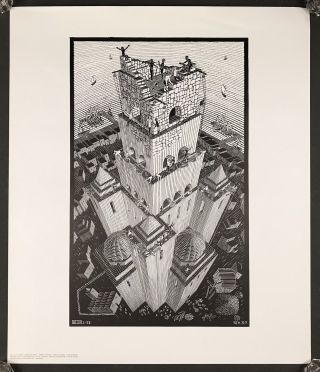 M.  C.  Escher " Tower Of Babael " Vintage 1981 Litho Printed In Holland 25x22 "