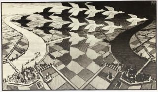 M.  C.  Escher " Day And Night " Vintage 1970 Litho Printed In Holland 25.  5x21.  5 "