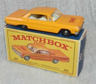 1970s.  Matchbox.  Lesney 20.  Chevrolet Impala Yellow Taxi Cab.  0riginal