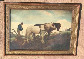 Vintage Framed Horses Plowing Farmer Farm " Paying Respect To Funeral " Print