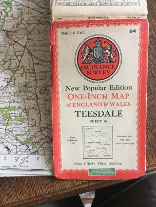 Vintage Cloth Ordnance Survey Map Of Tees Dale.  Kirkby Stephen.  1940s