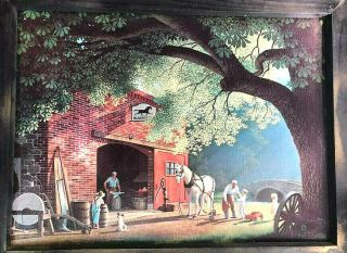 Vtg Mcm 1950 - 60s Paul Detlefsen Print Smithy Blacksmith With Rustic Frame 18 "