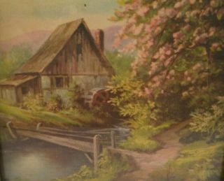 1920 ' s Lithograph Print Water Mill Wheel Stream Bridge Country Ornate Wood Frame 2