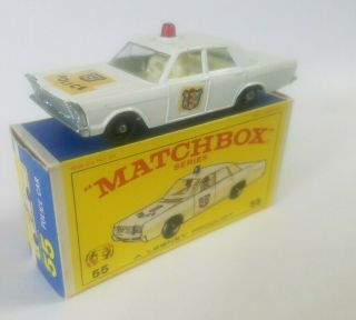 Matchbox No 55 Ford Galaxie Police Car White W/red Dome Mib