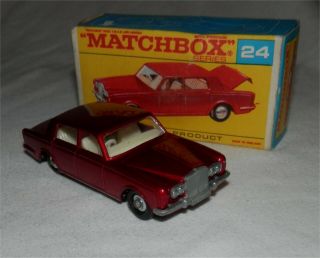 1960s.  Matchbox.  Lesney.  24 Metallic Red Rolls Royce Silver Shadow.  In F Box