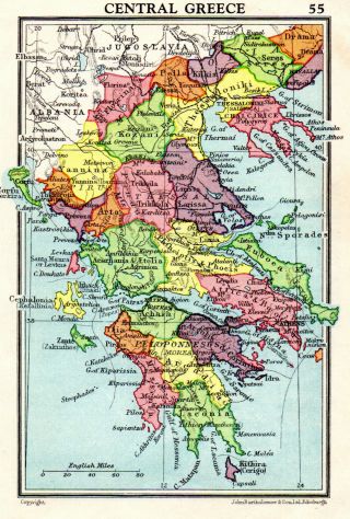 Map Of Central Greece John Bartholomew Vintage 1951
