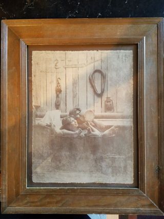Large Vintage R.  Hendrickson Sepia Art Print Man & Woman Bathing In Tub Wood Fram
