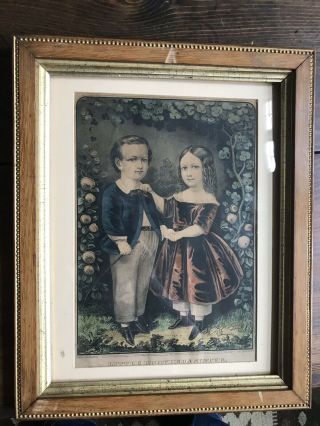 Vintage Currier And Ives Print Framed Little Brother And Sister Children Antique