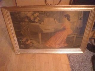 Vintage Antoni Ditlef Print Framed Lady In Red Dress Playing Piano - 25 " H X 36 " W