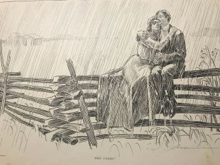 1906 Vintage Print " Who Cares " By Charles Dana Gibson Girl Guy In Love In Rain