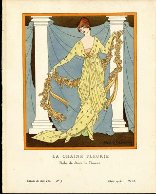 1913 Gazette Du Bon Ton Pochoir Fashion Print La Chaine Fleurie,  Robert Dammy