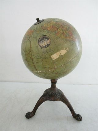 Antique Weber Costello 8 " Terrestrial Globe C - 1914 W/ Cast Iron Tripod Stand