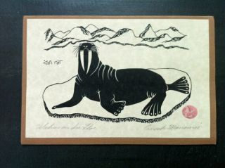 Canadian Inuit Silkscreen Print Walrus On Ice Signed And By Enook Manomie