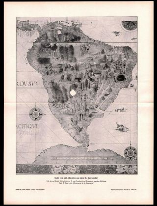 Antique Map.  South America Map Of 16th Century.  H.  Kraemer.  1900