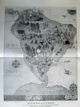 Antique map.  SOUTH AMERICA MAP OF 16th CENTURY.  H.  Kraemer.  1900 3