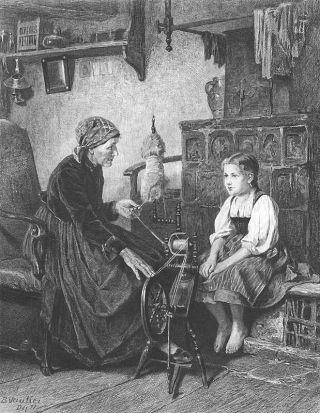 Girl Watches Nana Grandma At Spinning Wheel 1881 Art Print Etching