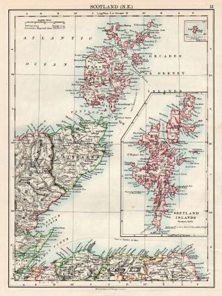 Map Of Scotland Ne Shetland & Orkney W & Ak Johnston 1902 Antique