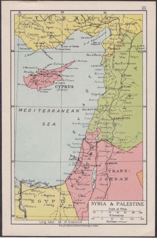 Israel Syria Palestine Egypt Jordan Map Old Vintage Print 1942 Railway Routes