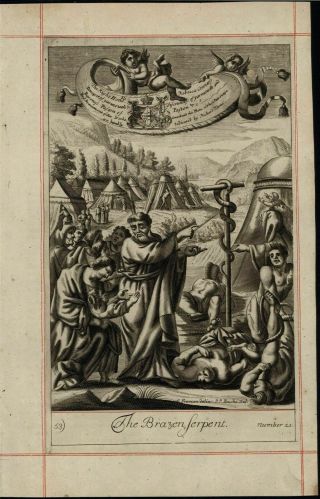 Brazen Serpent Gods Wrath Punish Israelites 1690 Old Engraved Print